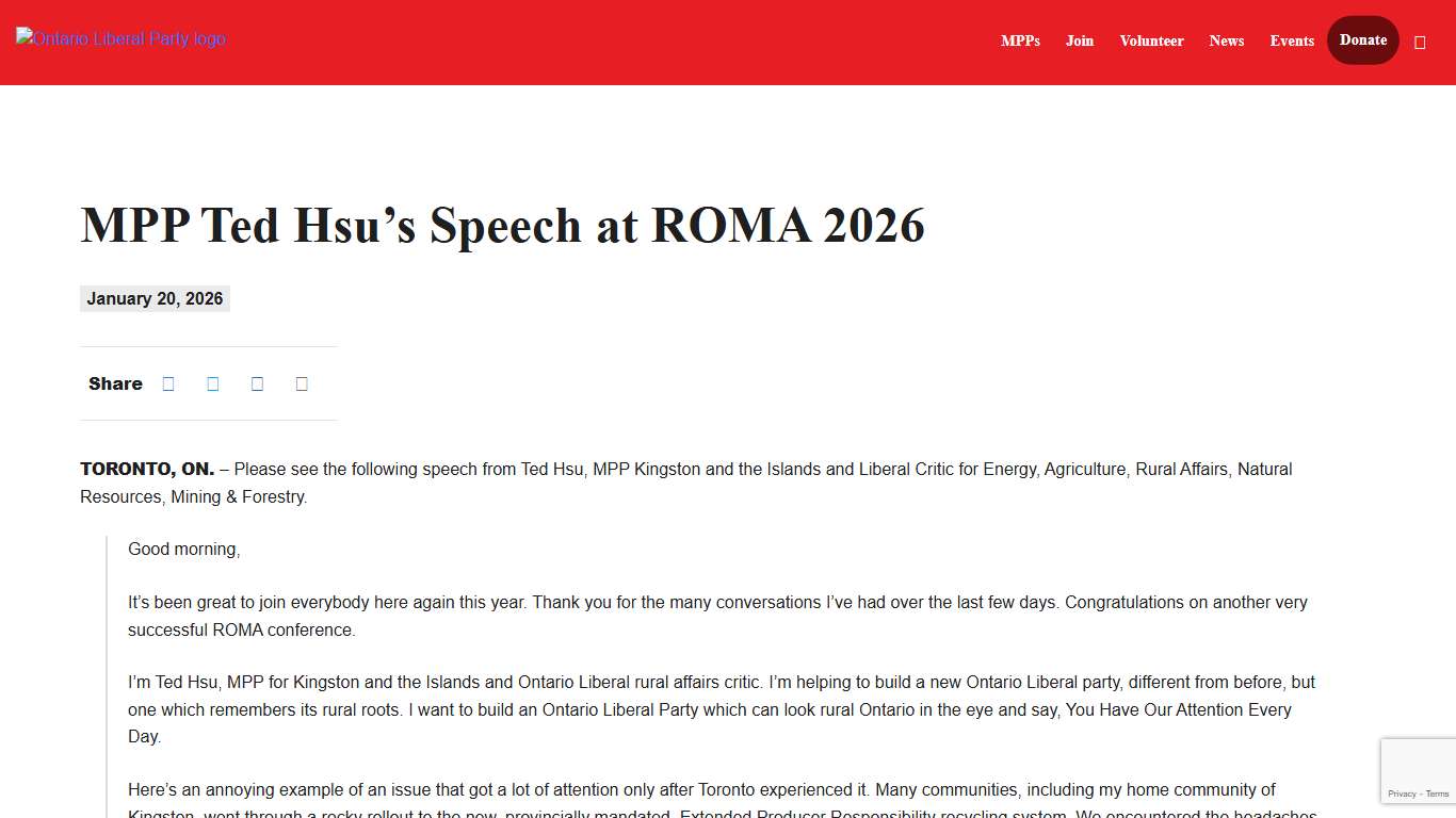 MPP Ted Hsu’s Speech at ROMA 2026 – Ontario Liberal Party