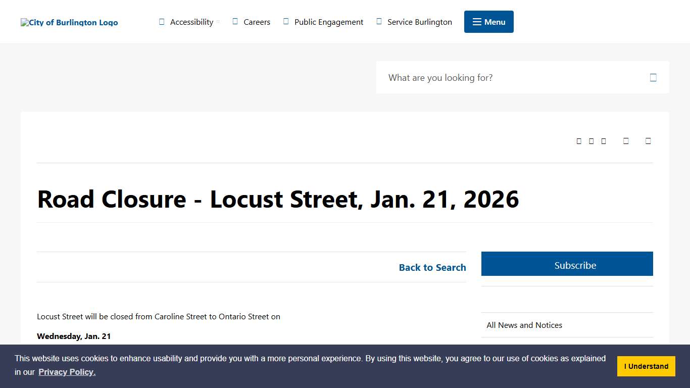 Road Closure - Locust Street, Jan. 21, 2026 - City of Burlington